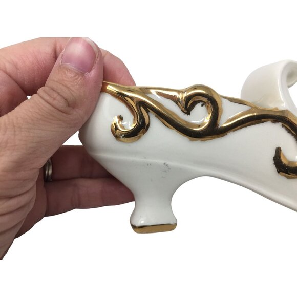 Vintage White Porcelain Shoe with Heel Trimmed in Gold with Curled point - Picture 6 of 9